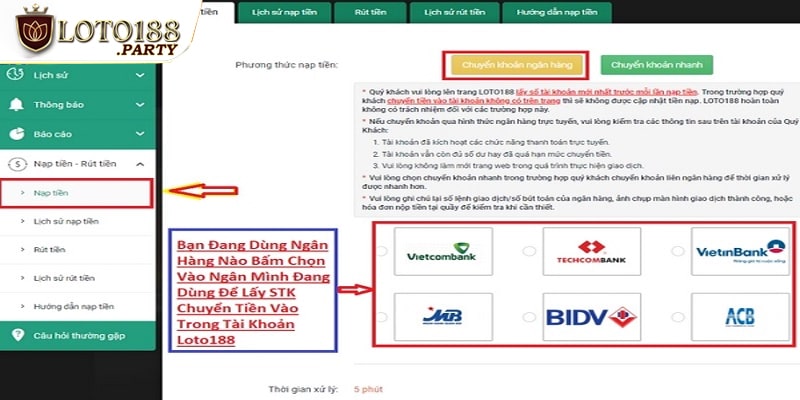 Hướng dẫn nạp tiền Loto188